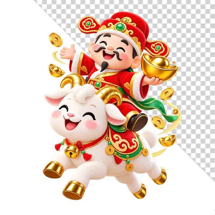 Ông Thần Tài vẫy tay cầm thỏi vàng cưỡi dê trắng thắt lưng xanh.png