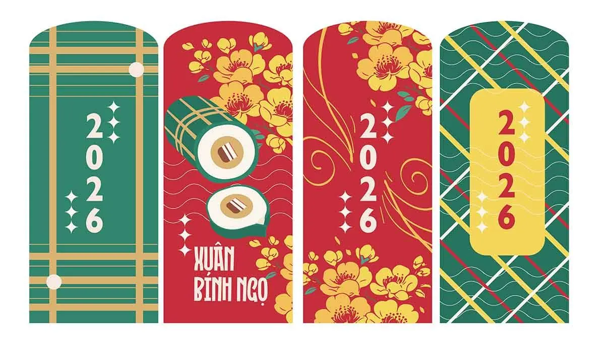 Bao lì xì xuân Bính Ngọ 2026 bánh chưng hoa mai File EPS