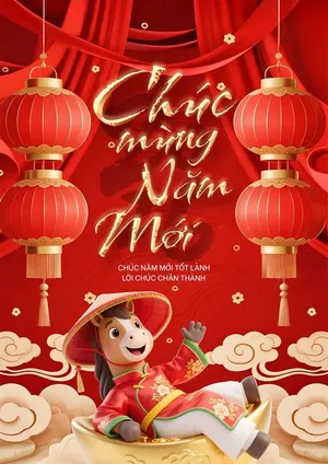Thiết kế Tết 2026 ngựa vàng đèn lồng đỏ chúc mừng năm mới File PSD
