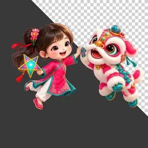 Hình ảnh em bé gái mặc áo dài hồng đậm cầm đèn lồng ngôi sao cùng lân - File PNG