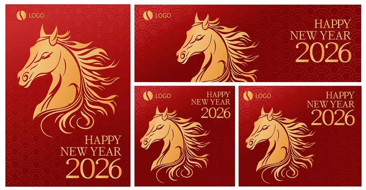 Thiệp chúc mừng năm mới 2026 – Ngựa vàng cách điệu trên nền đỏ sang trọng File  Vector