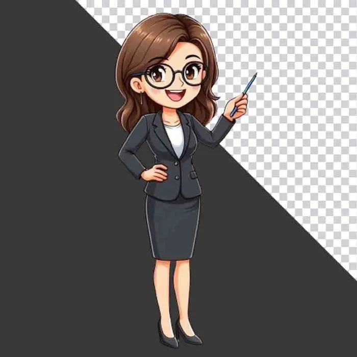 Hình ảnh chibi cô giáo mặc vest đen cầm thước giảng bài File PNG