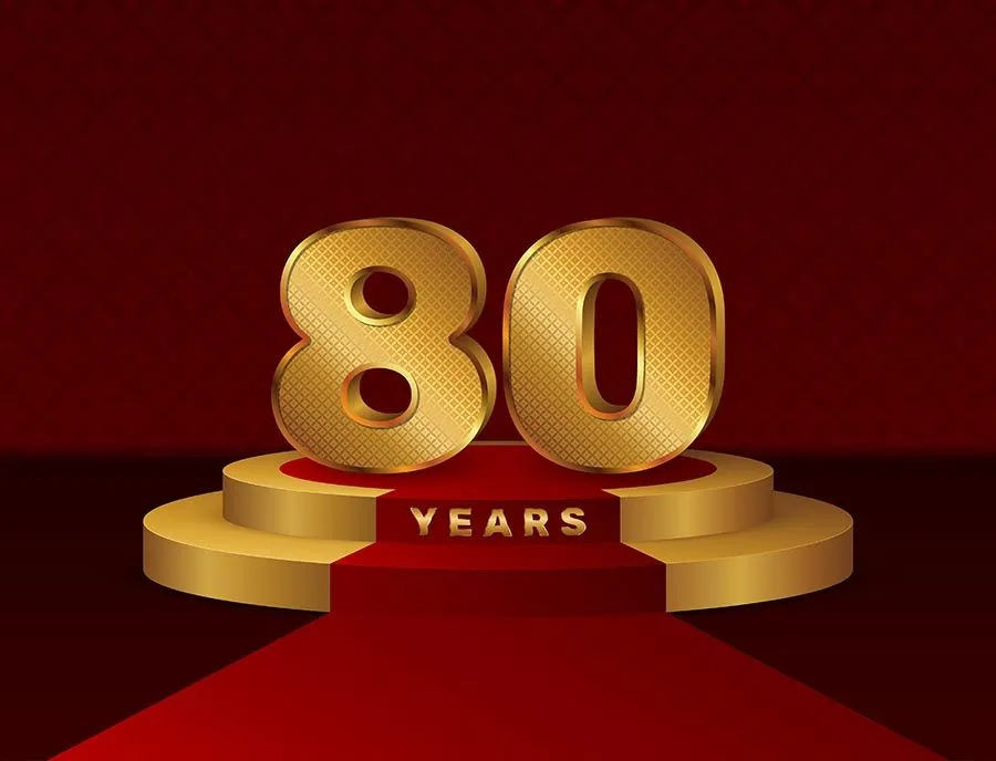 Bục số 80 màu vàng gold 3D trên nền đỏ file EPS