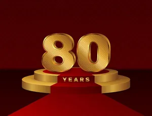 Bục số 80 màu vàng gold 3D trên nền đỏ file EPS