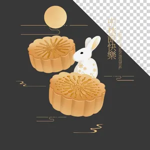 Hình minh họa chú thỏ và bánh trung thu nghệ thuật - File PNG