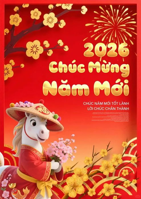 File PSD Tết 2026 ngựa trắng đội nón lá cầm hoa đào chúc mừng năm mới
