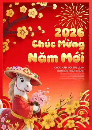 File PSD Tết 2026 ngựa trắng đội nón lá cầm hoa đào chúc mừng năm mới