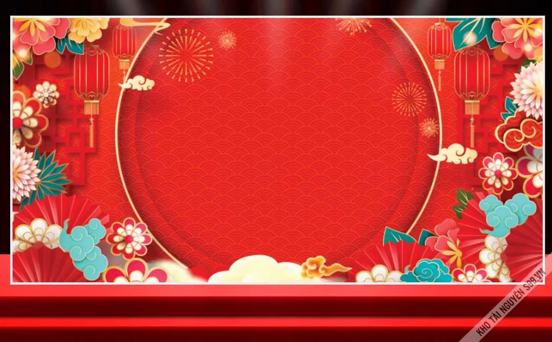 File corel Tết nền đỏ khung tròn trang trí lồng đèn hoa văn cổ truyền