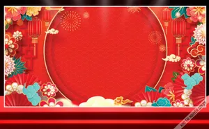 File corel Tết nền đỏ khung tròn trang trí lồng đèn hoa văn cổ truyền