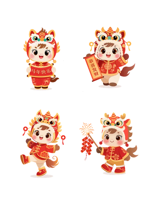 File EPS Bộ 4 chú ngựa con mặc đồ múa lân cầm câu đối và pháo tết