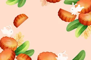 Thỏ trắng vui đùa cùng bánh trung thu, bao quanh là lá xanh và không gian trống ở giữa. Minh họa Ai.