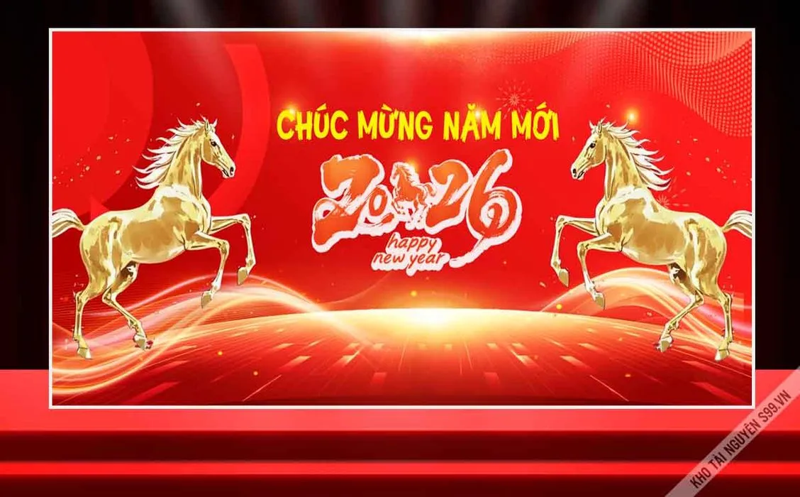 Background chúc mừng năm mới 2026 hai ngựa vàng File corel