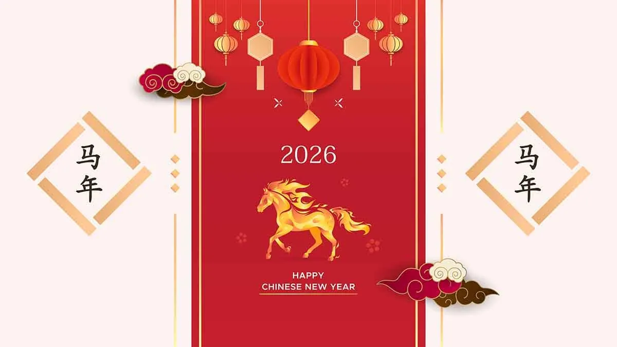 Thiết kế thiệp Tết 2026 họa tiết ngựa vàng và hoa văn sang trọng
