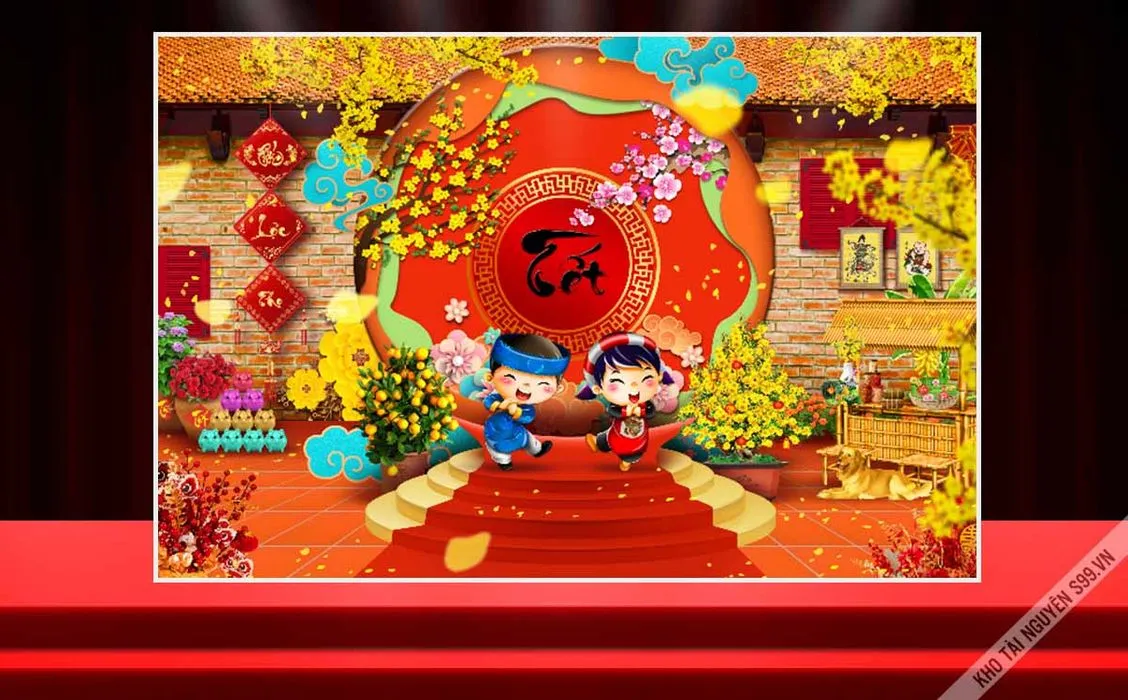 File corel Phông nền Tết cổ truyền cảnh bé chúc tết bên hoa mai đào và nhà mái ngói xưa