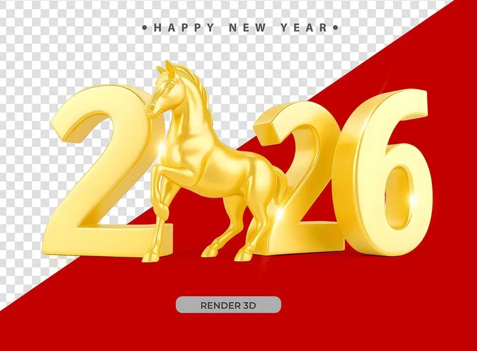 Hình ảnh 3D số 2026 con ngựa vàng chào năm mới PSD