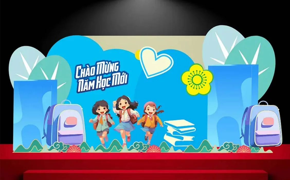 Backdrop File Corel chào mừng năm học mới xanh dương tươi sáng cho học sinh tiểu học
