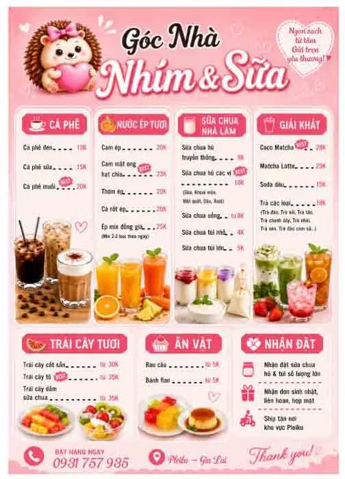 Menu Đồ Uống & Ăn Vặt Gốc Nhà Nhím & Sữa – File CDR Sẵn Sàng