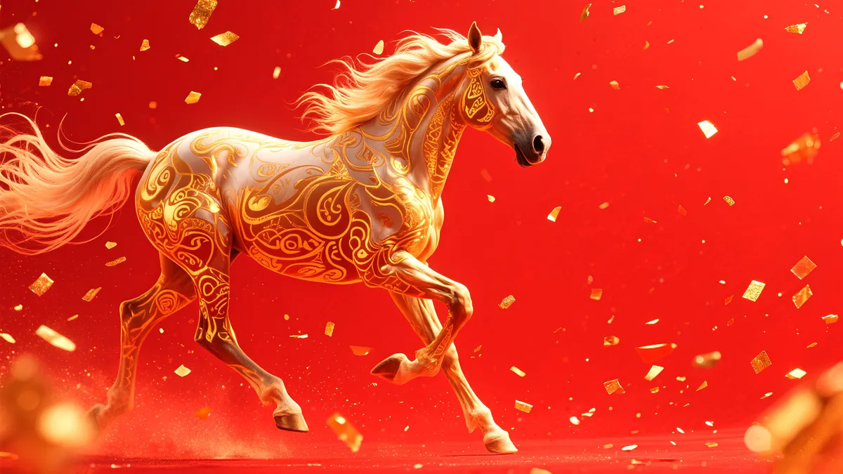 Hình Minh Họa Ngựa Vàng Dũng Mãnh Nền Đỏ - PNG Chất Lượng Cao