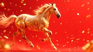 Hình Minh Họa Ngựa Vàng Dũng Mãnh Nền Đỏ - PNG Chất Lượng Cao