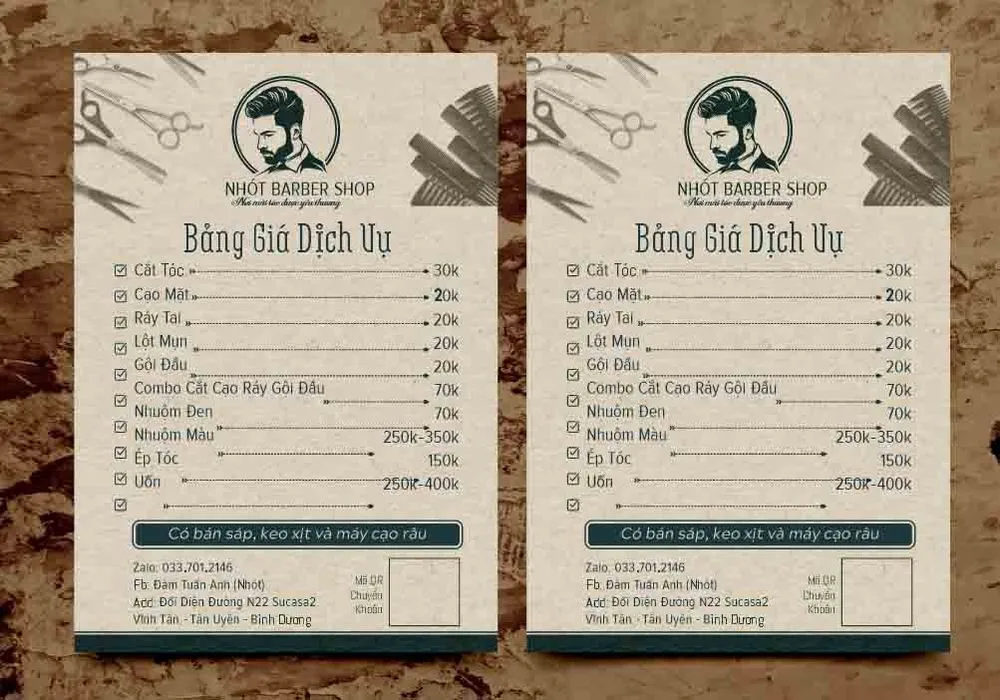 File Corel - Mẫu thiết kế bảng giá dịch vụ Nhớt Barber Shop