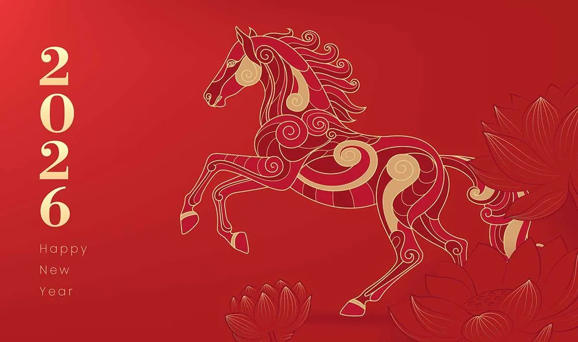Hình con ngựa nghệ thuật đỏ vàng File Vector 2026 Happy New Year