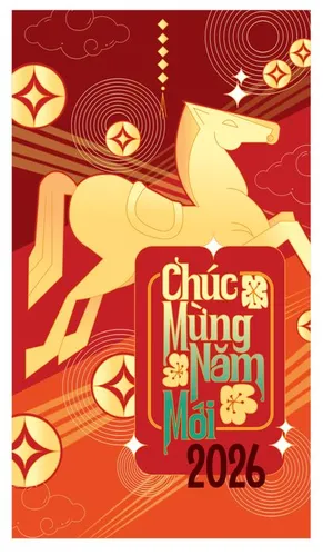 Chúc Mừng Năm Mới 2026 Ngựa vàng nền đỏ cam - Ai