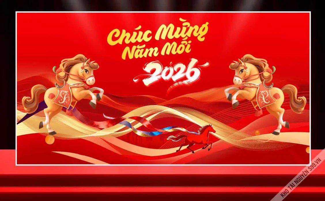 File Corel Background Tết 2026 – Song Mã Nhảy Múa và Dải Lụa Đỏ