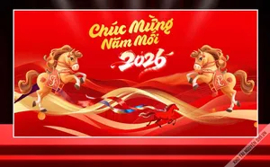 File Corel Background Tết 2026 – Song Mã Nhảy Múa và Dải Lụa Đỏ