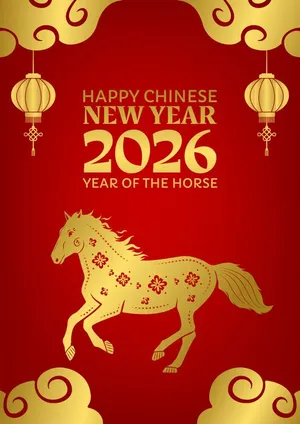 File Ai thiệp chúc mừng năm mới 2026 với ngựa vàng nghệ thuật nền đỏ sang trọng 