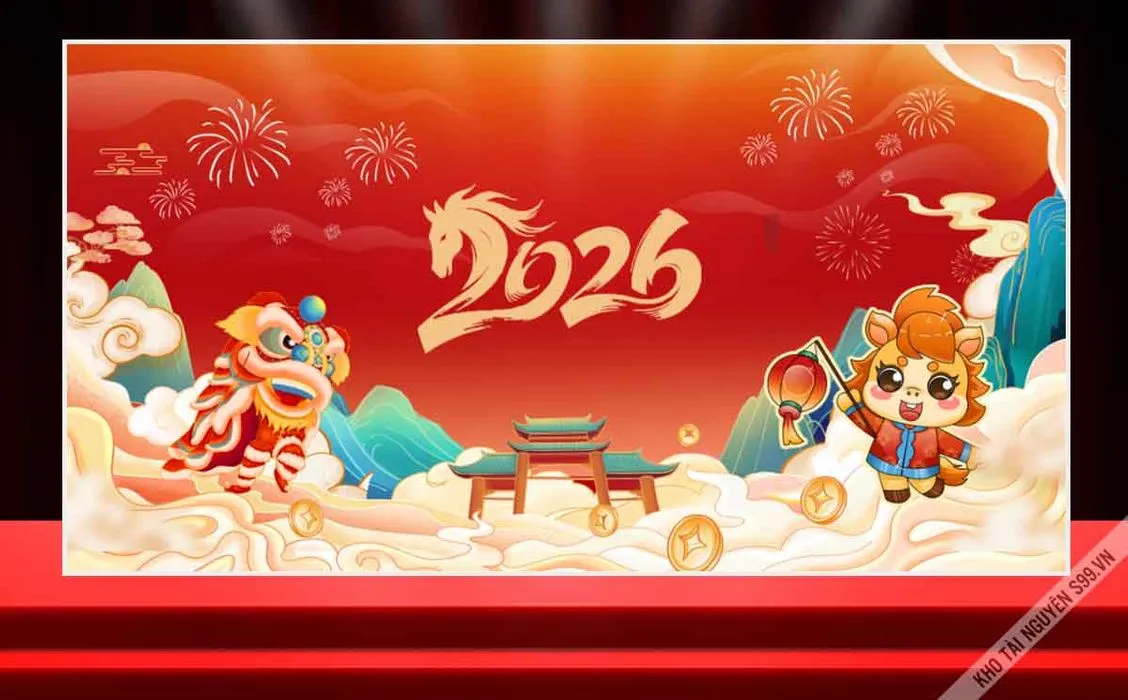 Backdrop Tết 2026 Bính Ngọ Lân Sư Rồng Hoạt Hình - File corel