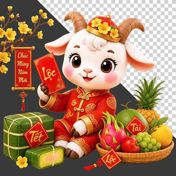 Dê con 3D cầm bao lì xì bên mâm ngũ quả và bánh chưng - File PNG