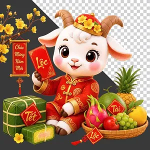 Dê con 3D cầm bao lì xì bên mâm ngũ quả và bánh chưng - File PNG