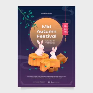 File Ai poster Trung Thu với thỏ trắng, bánh trung thu, ấm trà và trăng tròn lung linh.