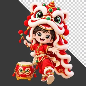 Hình ảnh em bé trai mặc áo dài đỏ đội đầu lân tay cầm dùi trống - File PNG