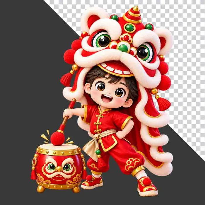 Hình ảnh em bé trai mặc áo dài đỏ đội đầu lân đánh trống hội tách nền PNG