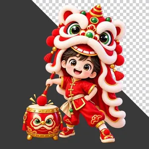 Hình ảnh em bé trai mặc áo dài đỏ đội đầu lân đánh trống hội tách nền PNG