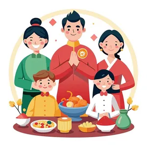 File vector AI minh họa gia đình sum họp ngày Tết cổ truyền bên mâm ngũ quả