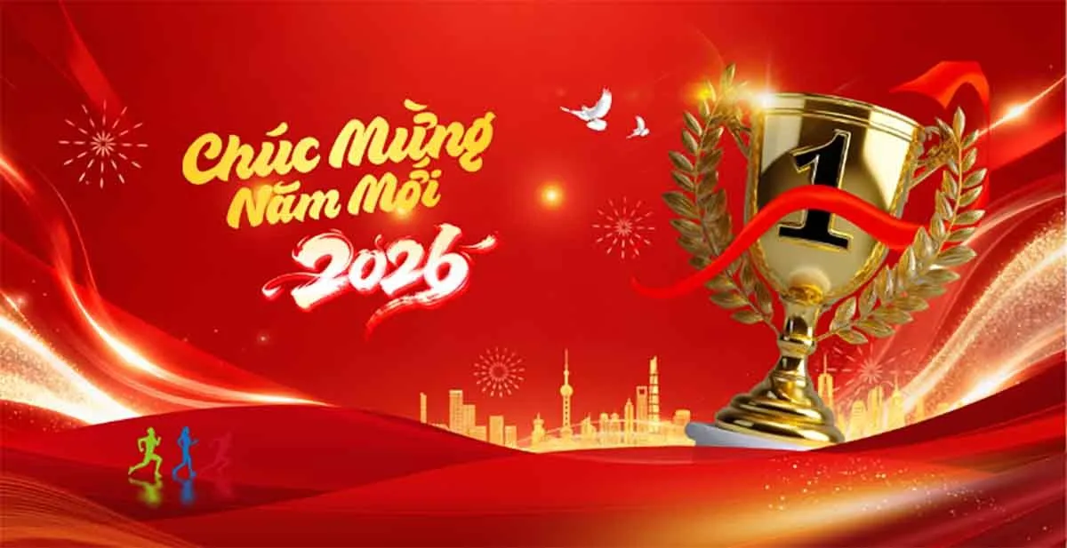 File Corel Backdrop Chúc Mừng Năm Mới 2026 Cúp Vàng Thành Công