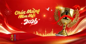 File Corel Backdrop Chúc Mừng Năm Mới 2026 Cúp Vàng Thành Công