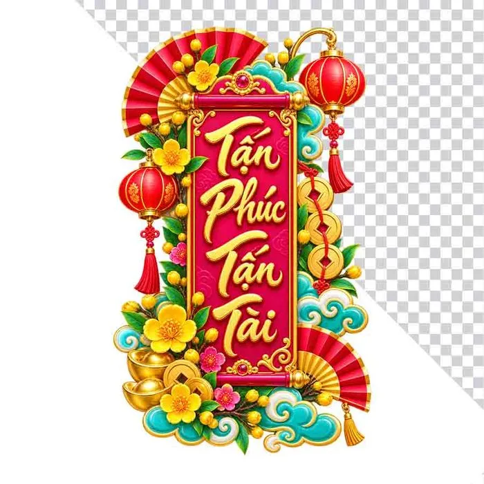 File PNG - Liễn Tấn Phúc Tấn Tài lồng đèn hoa mai thỏi vàng
