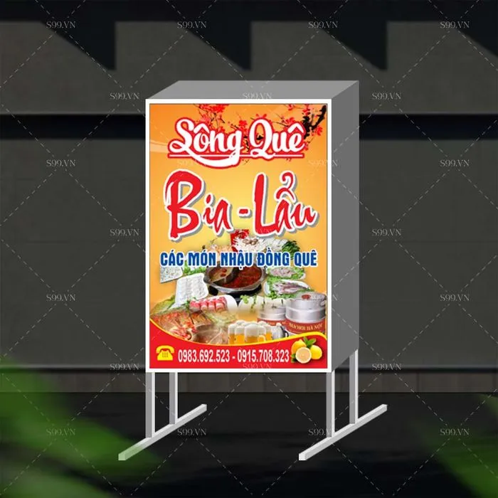 Biển hộp bia lẩu Sông Quê món nhậu đồng quê file Corel