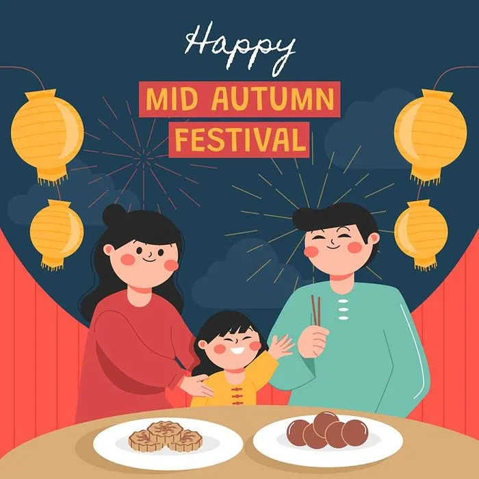 File vector AI minh họa gia đình sum họp bên mâm bánh trung thu và đèn lồng