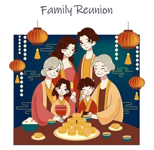 File vector AI minh họa gia đình sum họp bên mâm bánh trung thu và đèn lồng