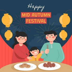 File vector AI minh họa gia đình sum họp bên mâm bánh trung thu và đèn lồng