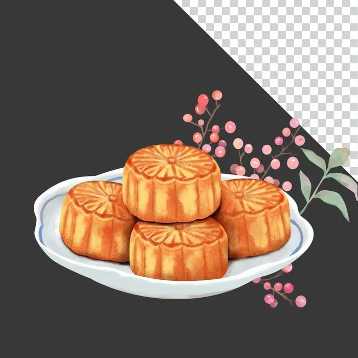 Bánh trung thu minh họa nghệ thuật cùng hoa lá - File PNG 