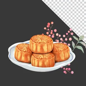  Đĩa bánh trung thu minh họa nghệ thuật cùng hoa lá - File PNG 