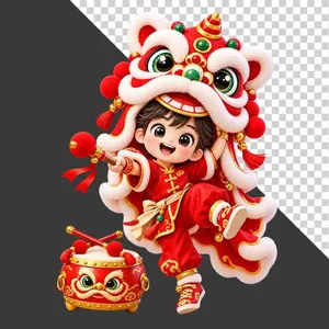 File PNG - Hình ảnh em bé trai mặc áo dài đỏ đội đầu lân nhảy múa cầm dùi trống cạnh trống hội