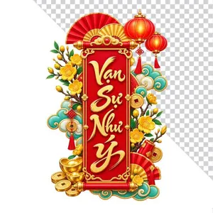 Liễn cuộn Vạn Sự Như Ý hoa mai lồng đèn đỏ thỏi vàng.PNG