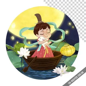 Chị Hằng ngồi thuyền ôm thỏ ngọc dưới trăng file PNG