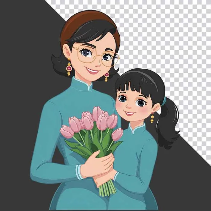 File PNG hình ảnh hai cô trò mặc áo dài màu xanh cầm bó hoa tulip